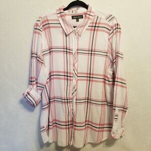 North River 2X Top Pink Plaid Gauze Cotton Roll Tab Sleeve Beach Coastal Cruise